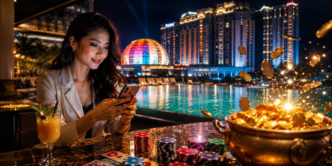 Pengguna Malaysia bermain kasino mudah alih di Genting Highlands dengan pemandangan latar yang menakjubkan